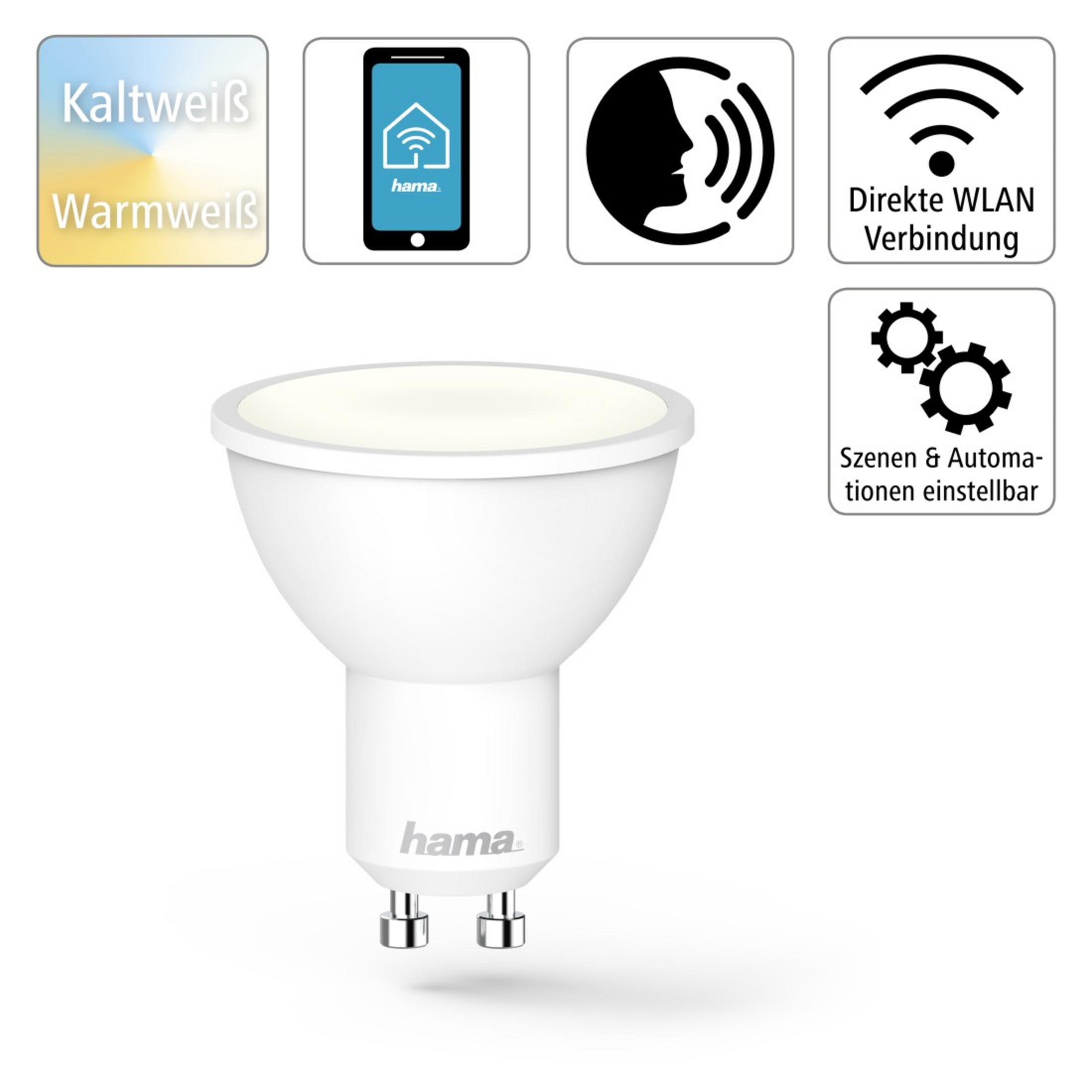 Una lampadina LED Hama bianca con icone per controllo vocale, connessione WLAN diretta e impostazioni scena.