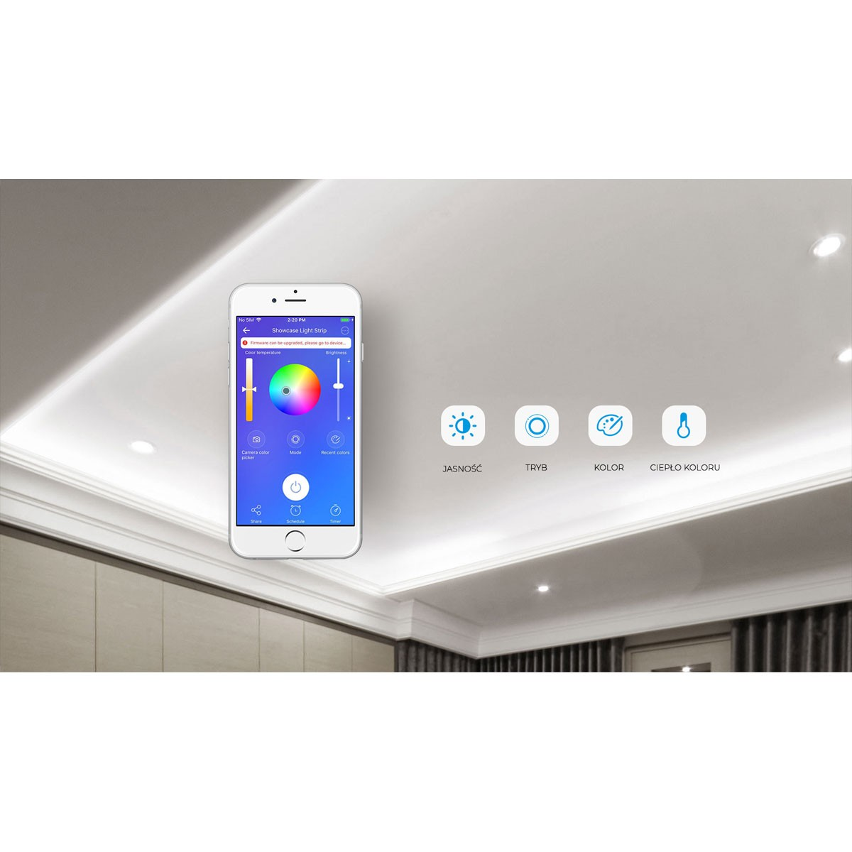 Een smartphone die LED-verlichting bedient, met pictogrammen voor helderheid, modus, kleur en warmte.