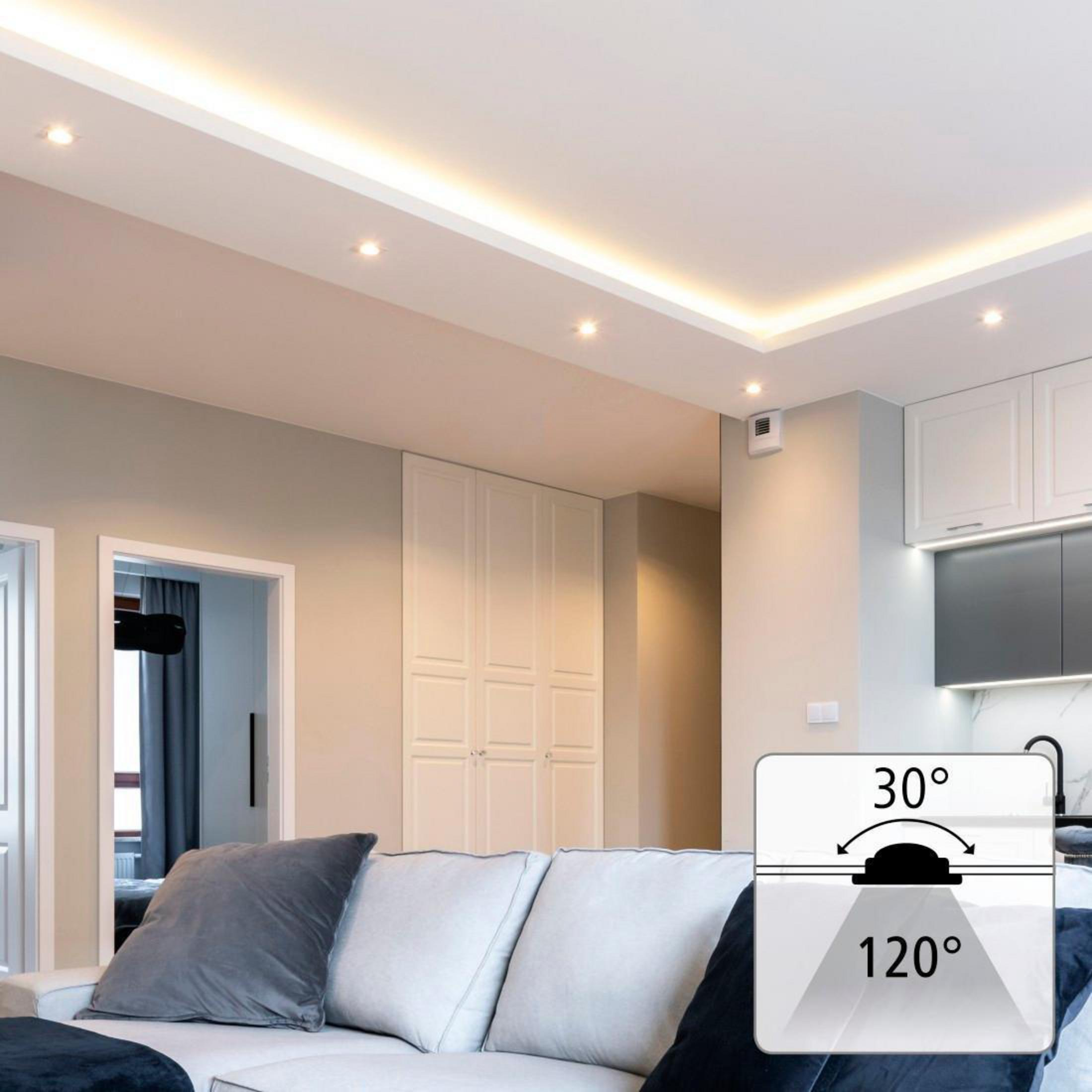 Ein Wohnzimmer mit Einbaubeleuchtung an der Decke und einem Diagramm, das 30- und 120-Grad-Beleuchtung zeigt.