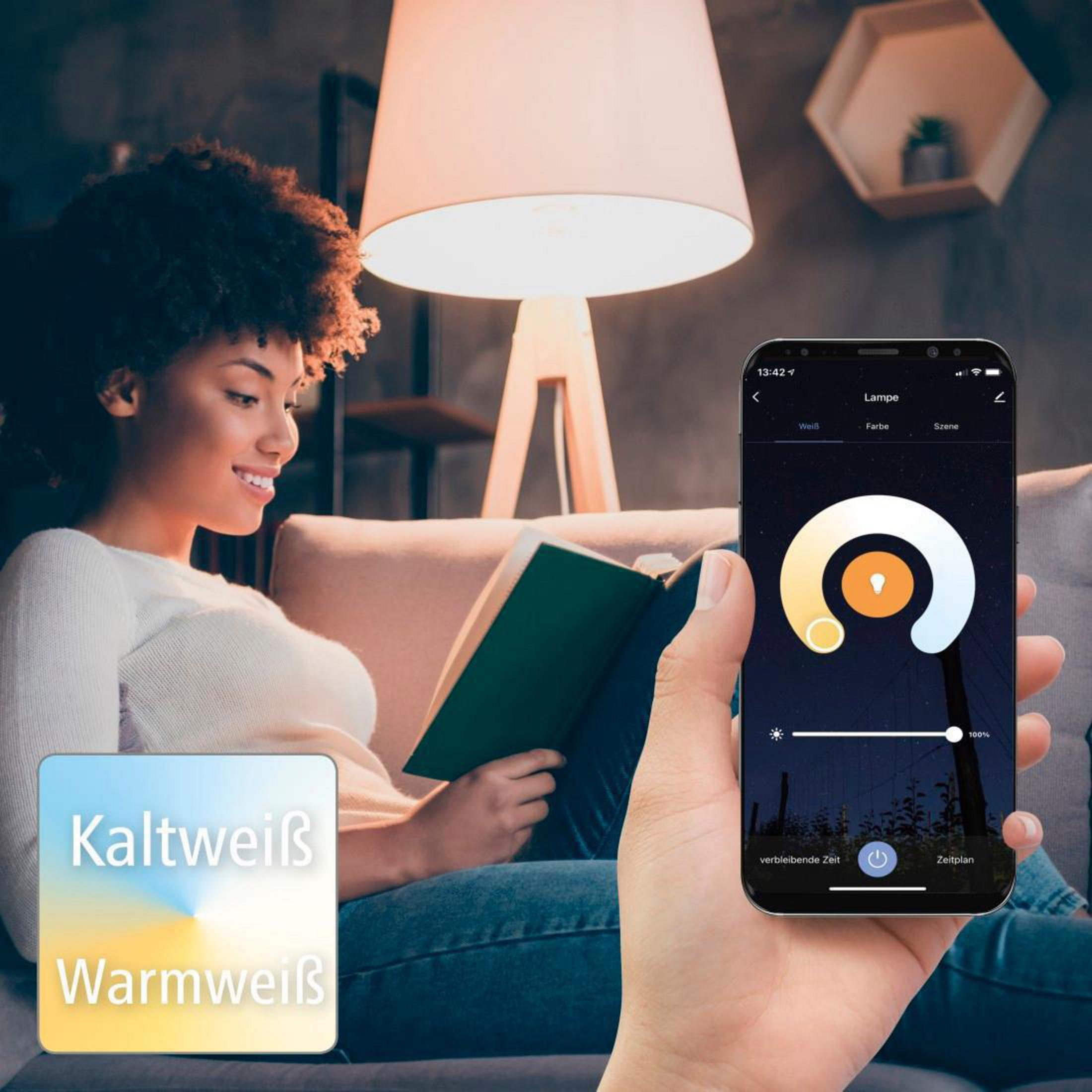 Eine Person, die auf einer Couch mit einer Lampe und einem Handy mit einer Lichteinstellungs-App ein Buch liest.