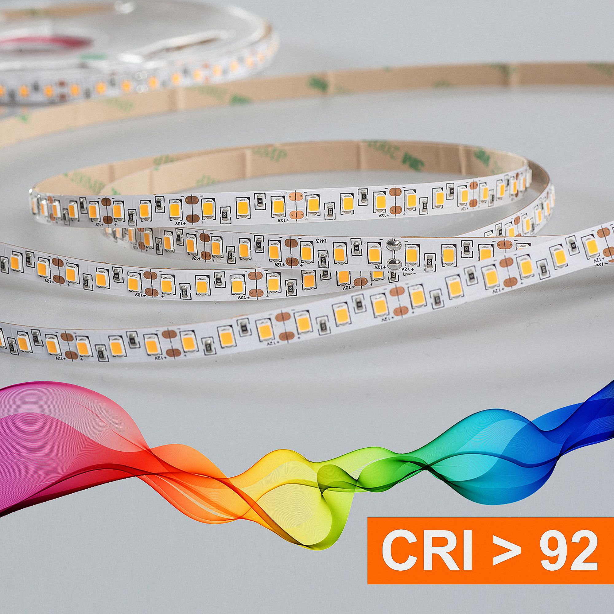 LED-Lichtband mit CRI <gt/> 92, mit einer bunten Wellengrafik.