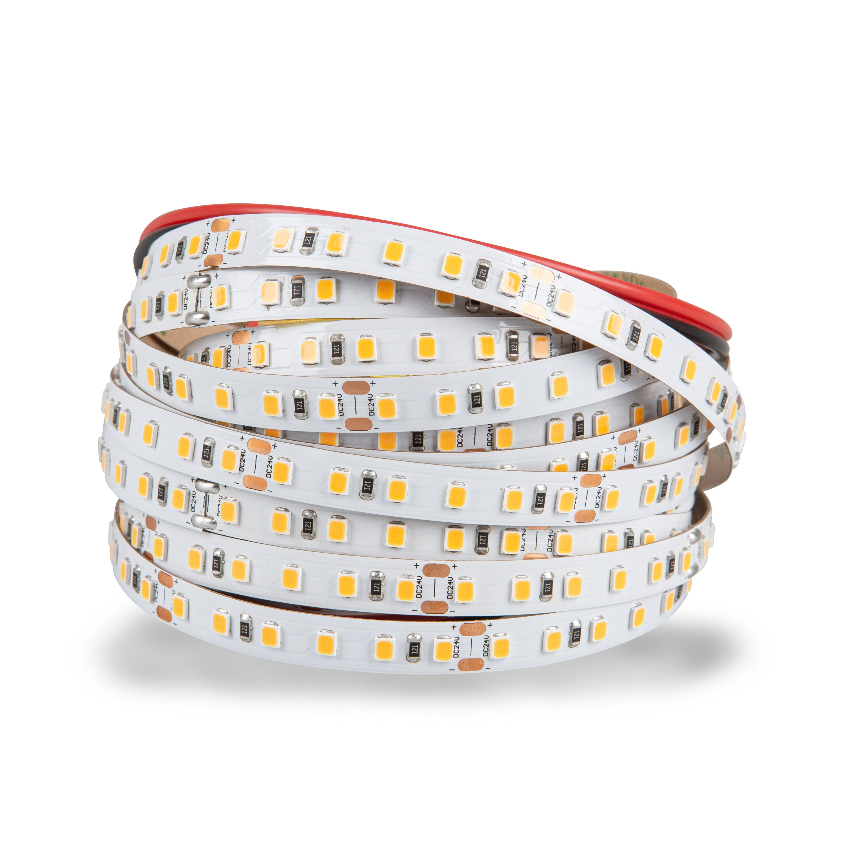 Ein aufgerolltes LED-Band mit roten und weißen Drähten.