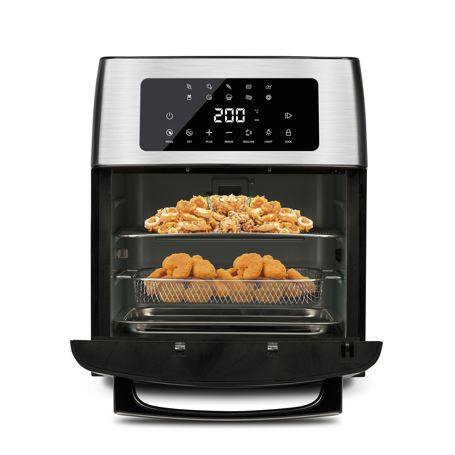 Frytkownica z smażonym jedzeniem w środku. Posiada wyświetlacz cyfrowy i 2 tace.