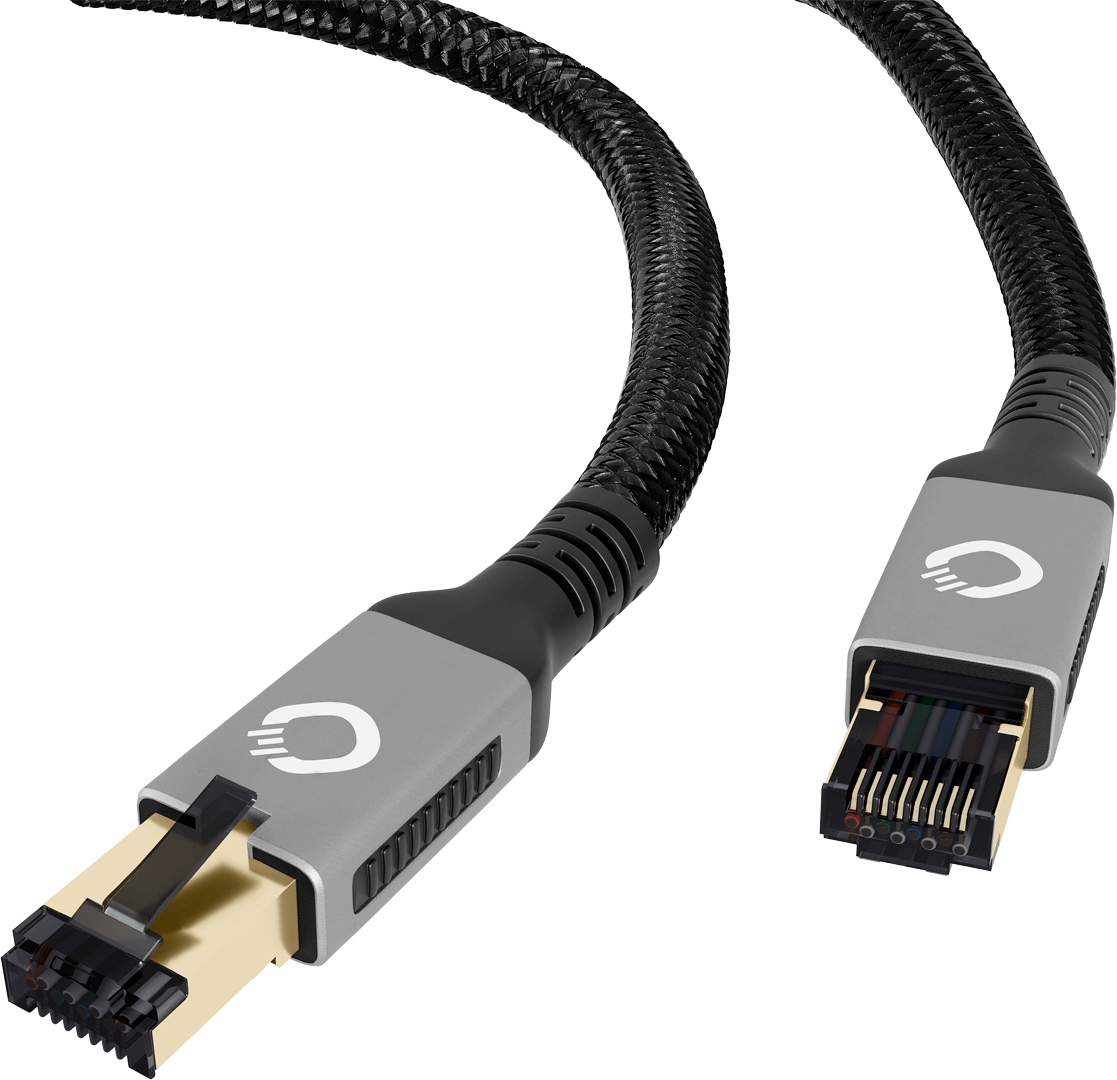 Zwei Netzwerkkabel mit grauen und schwarzen Steckern, nebeneinander.