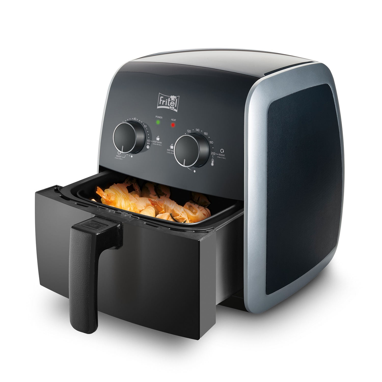 Een airfryer met eten erin. De fryer is zwart en grijs met draaiknoppen en een handvat.