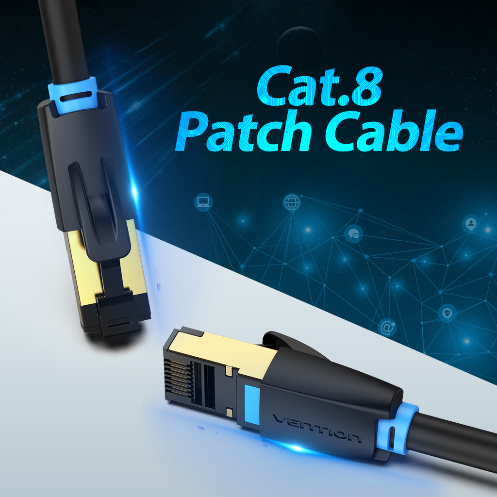 Dwa czarne i złote kable krosowe Cat.8 z niebieskimi akcentami. Tekst brzmi 'Cat.8 Patch Cable'.