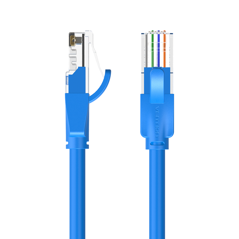 Due cavi di rete blu con connettori RJ45 trasparenti. I cavi sono affiancati su sfondo bianco.