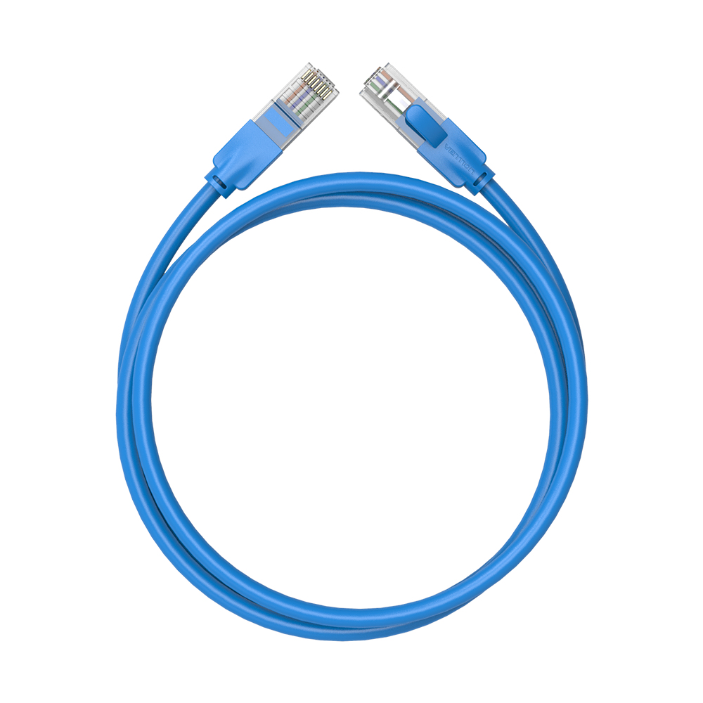 Un cavo Ethernet blu con connettori.