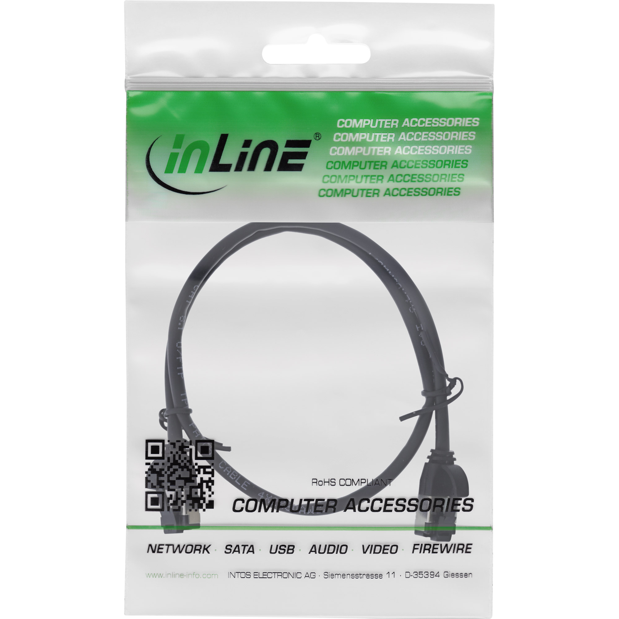 Een transparante verpakking met een zwarte kabel met connectoren en een logo.