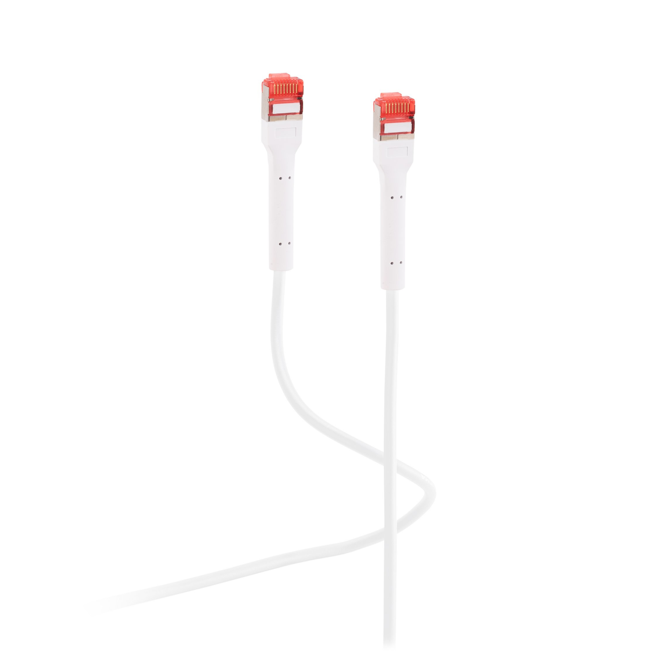 Dwa białe kable sieciowe z czerwonymi złączami. Tło: białe.