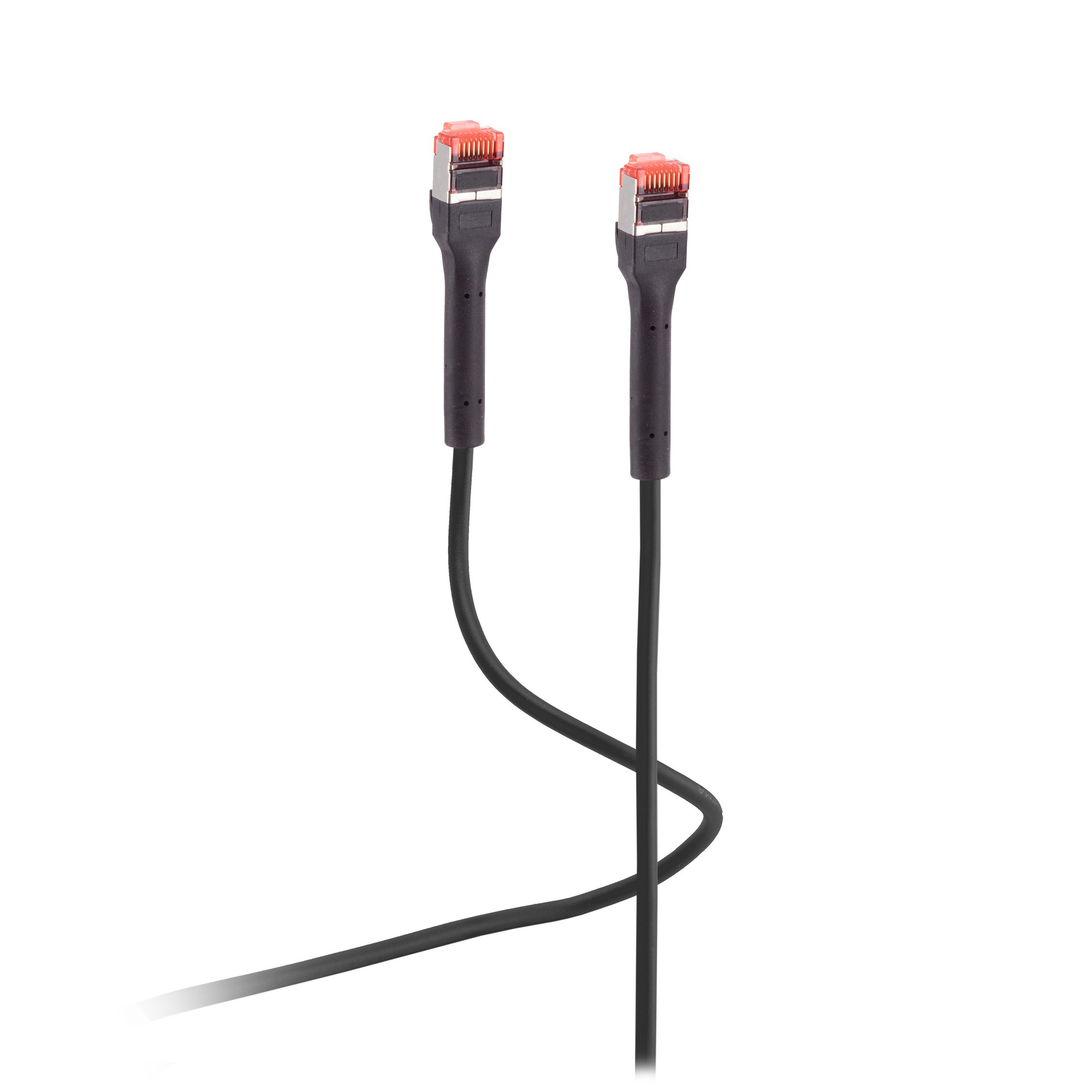 Schwarzes Netzwerkkabel mit RJ45-Anschlüssen.
