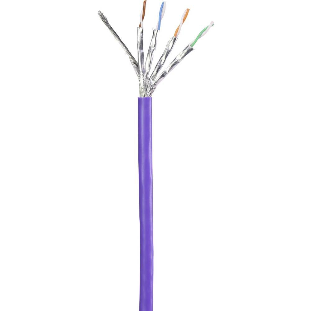 Cavo di rete viola con fili scoperti, sfondo bianco.