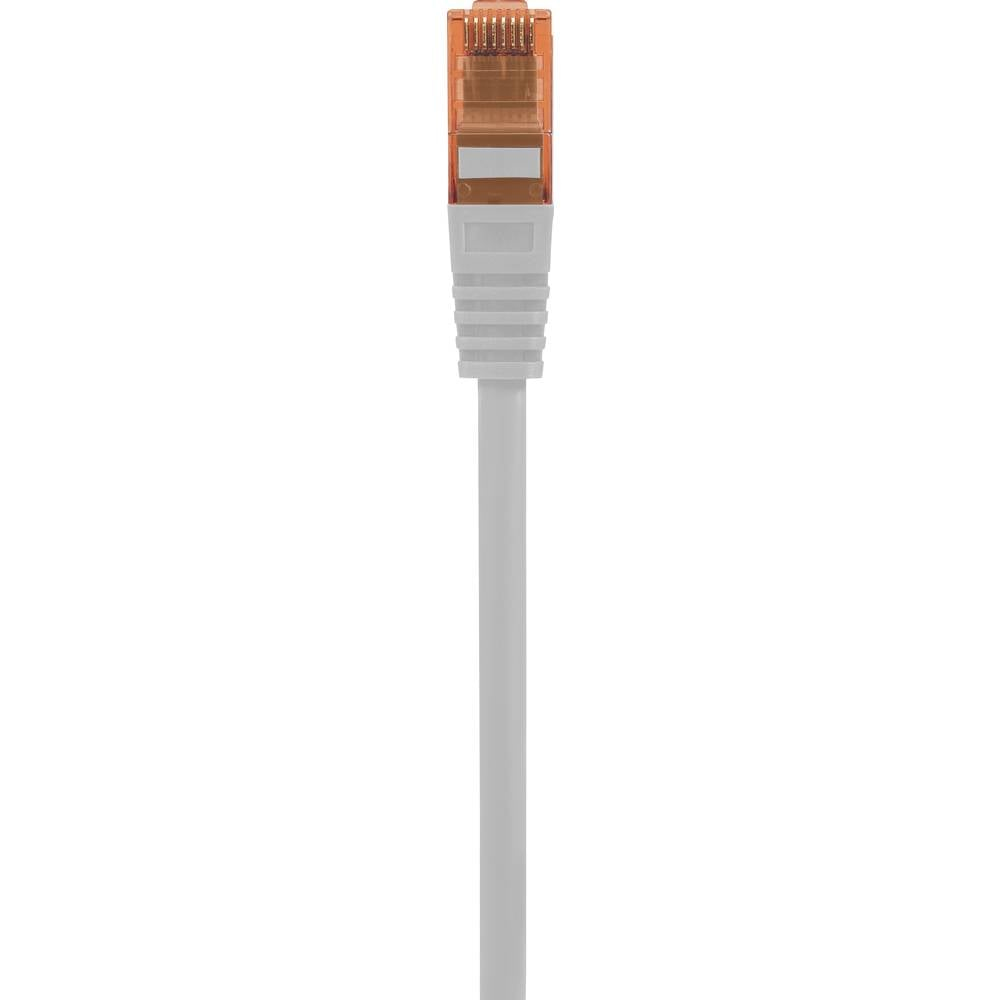 Cavo di rete bianco con connettore arancione, sfondo bianco.