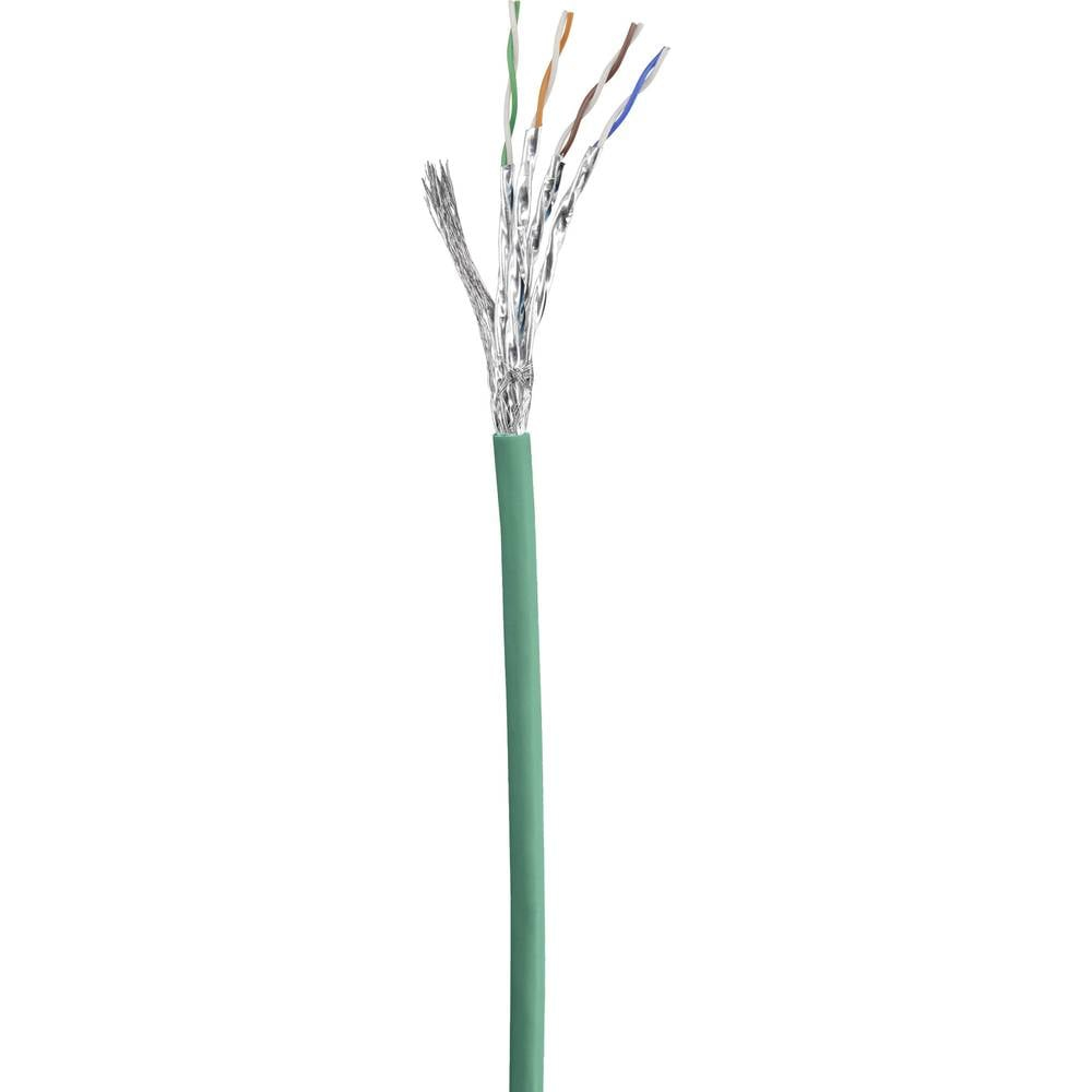 Cavo di rete verde con fili esposti, su sfondo bianco.