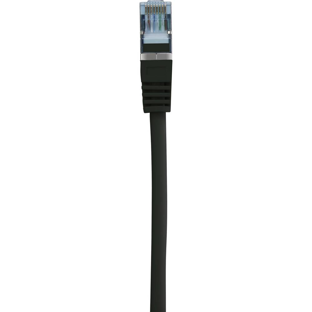 Primo piano di un cavo Ethernet nero con un connettore nero. Sfondo bianco.