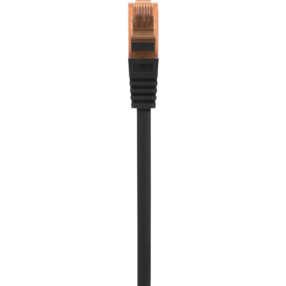 Cavo Ethernet nero con connettore arancione. Sfondo bianco.