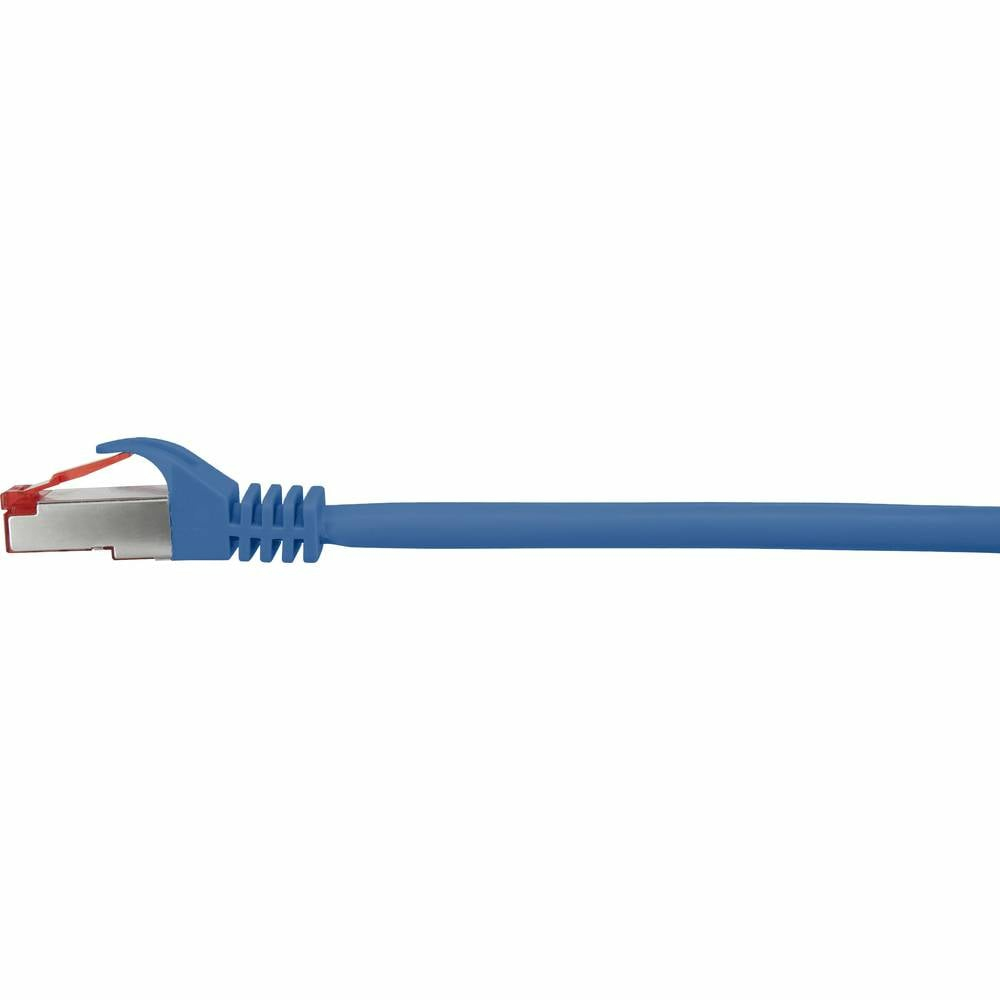 Cavo di rete blu con connettore blu e linguetta rossa.
