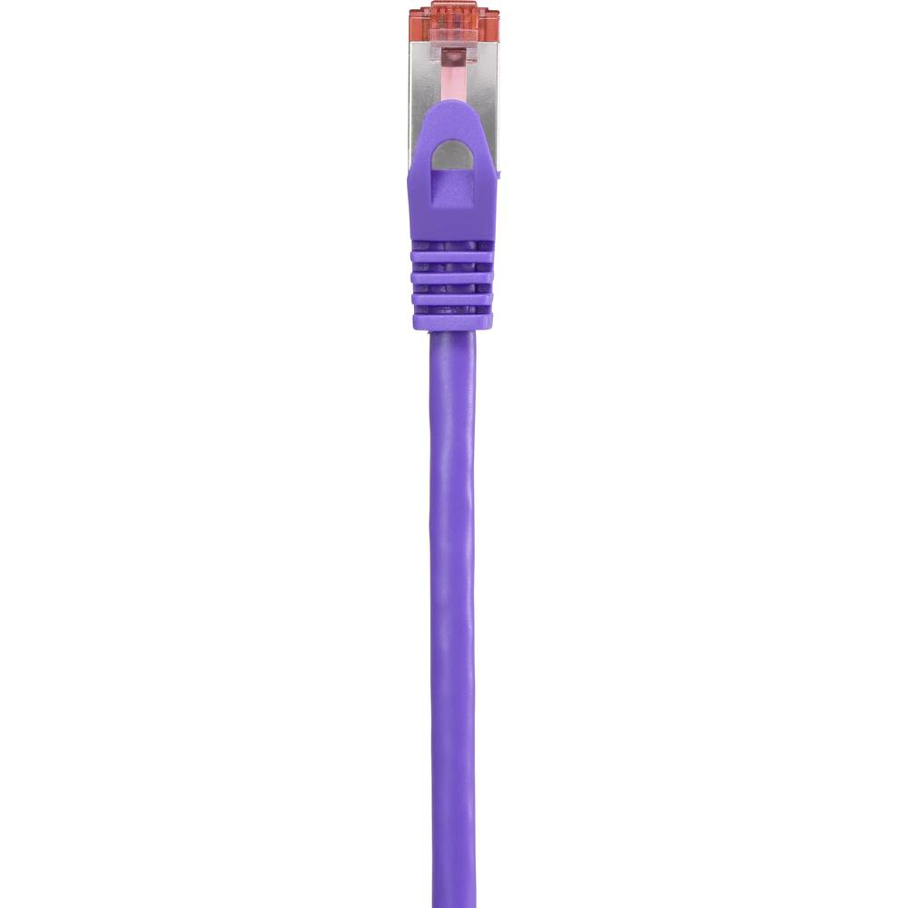 Un cavo di rete viola con un connettore. Il cavo è dritto e posizionato orizzontalmente.