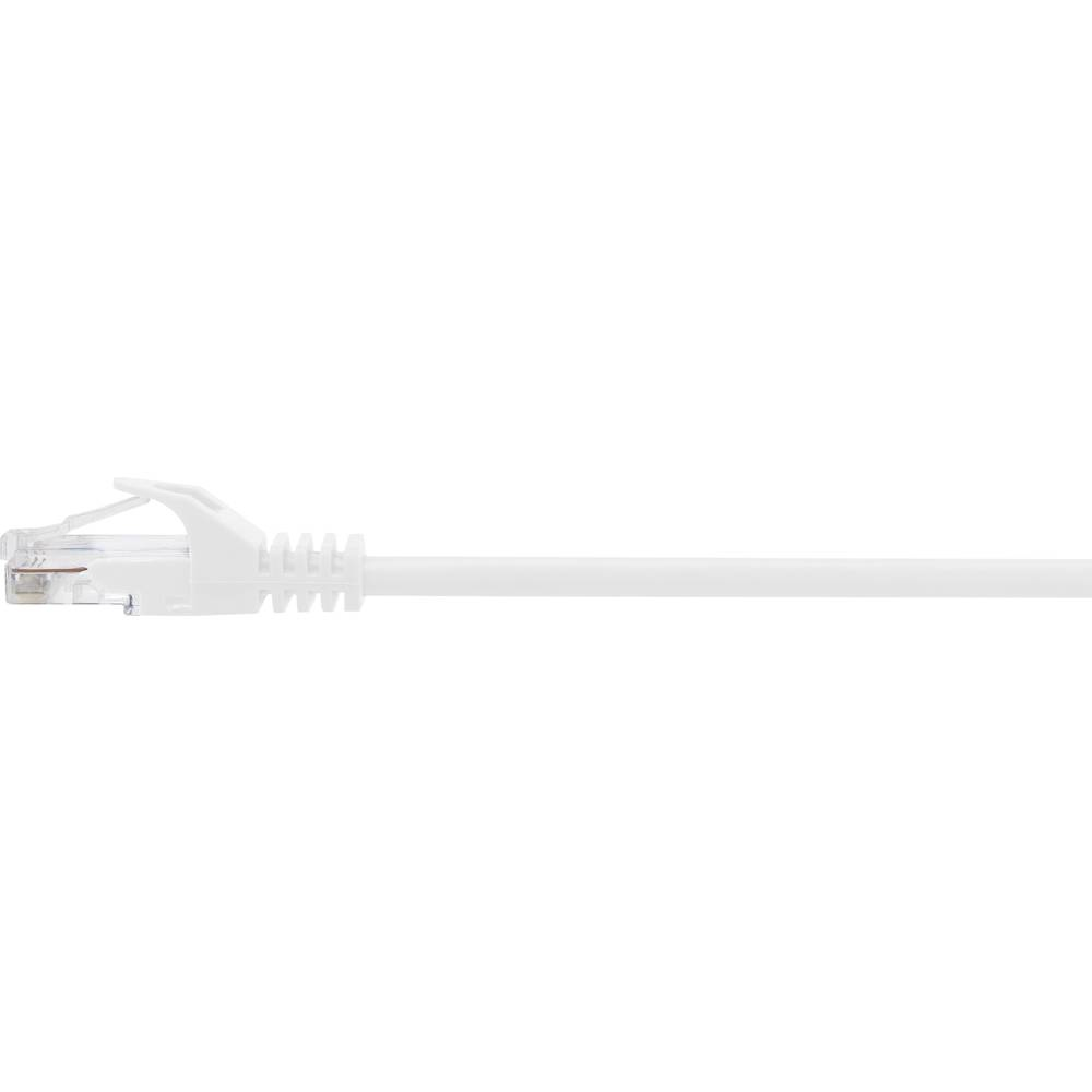Cavo di rete bianco con connettore bianco e linguetta trasparente.