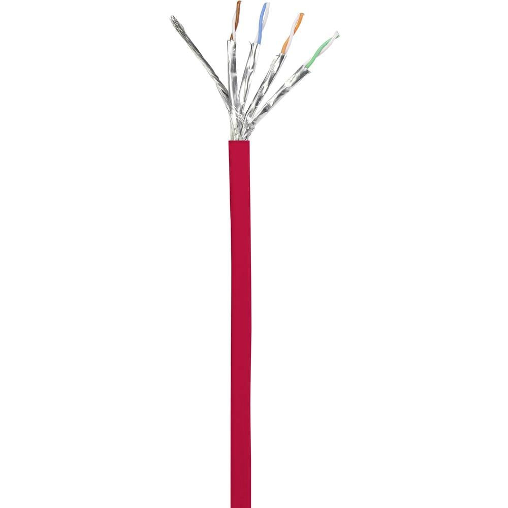 Cavo rosso con fili scoperti. I fili sono bianchi, blu, arancioni e verdi. Lo sfondo è bianco.