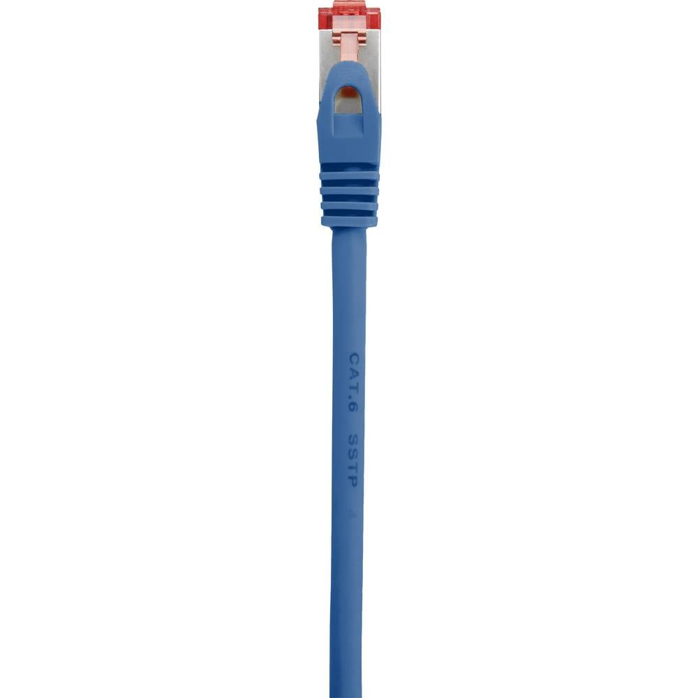 Cavo di rete blu con connettore RJ45. Il cavo è etichettato. Lo sfondo è bianco.