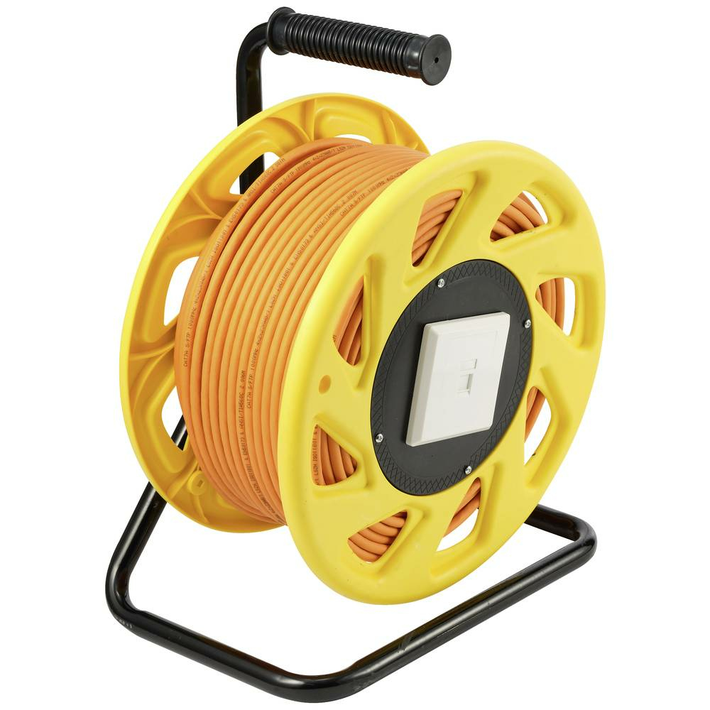 Un avvolgicavo arancione con supporto nero. Sfondo bianco.