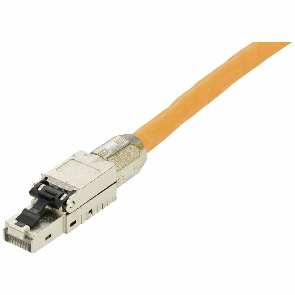Cavo di rete arancione con connettore metallico.