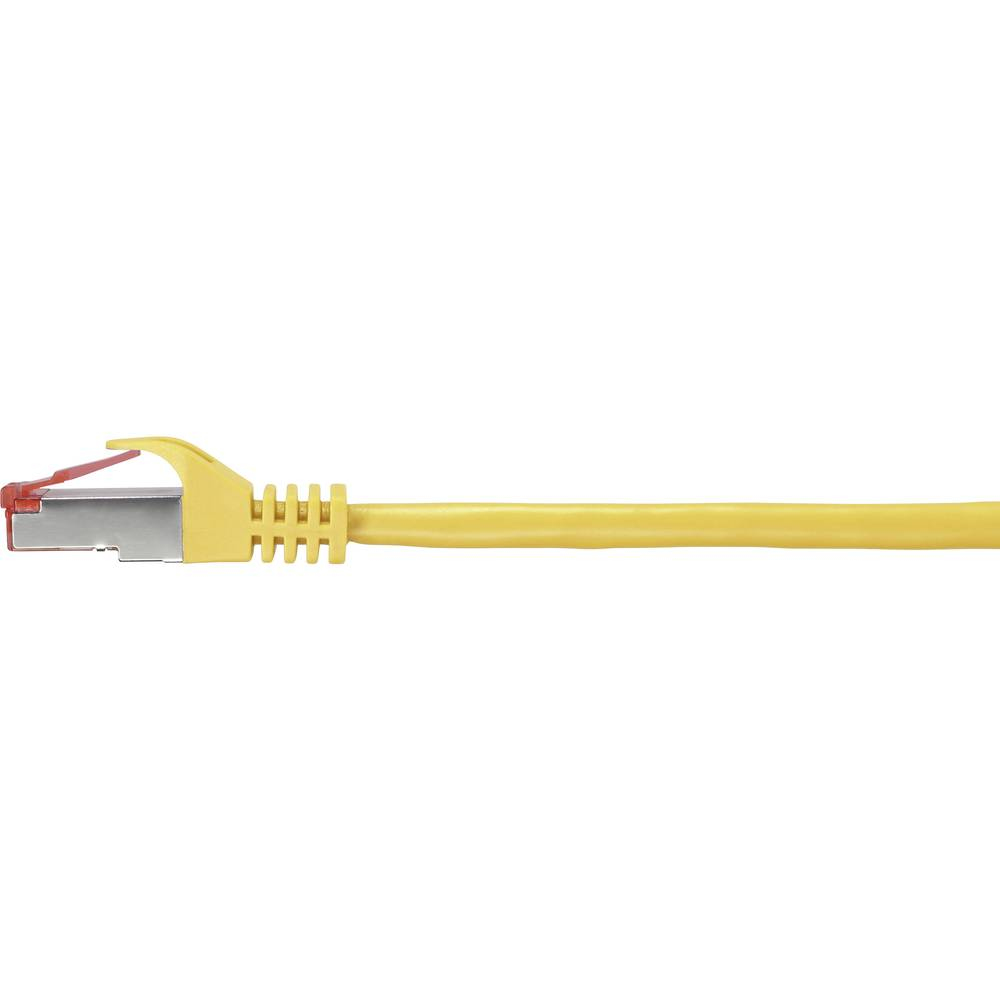 Un cavo di rete giallo con connettore RJ45. Sfondo bianco.
