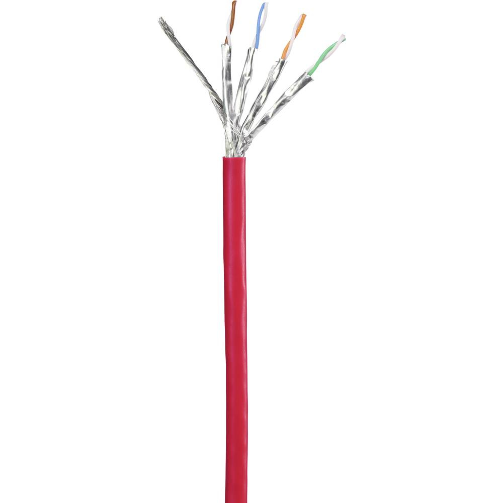 Cavo rosso con fili metallici e colorati esposti. Sfondo bianco.