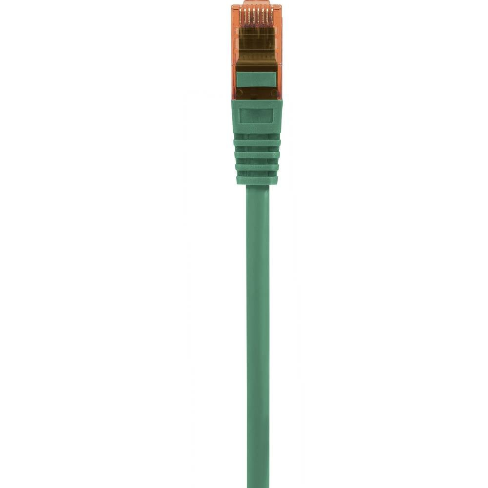Un connettore per cavo Ethernet verde. Il cavo è verde e il connettore è arancione.