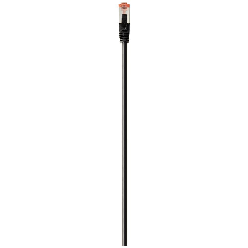 Cavo Ethernet nero con connettore arancione. Sfondo bianco.