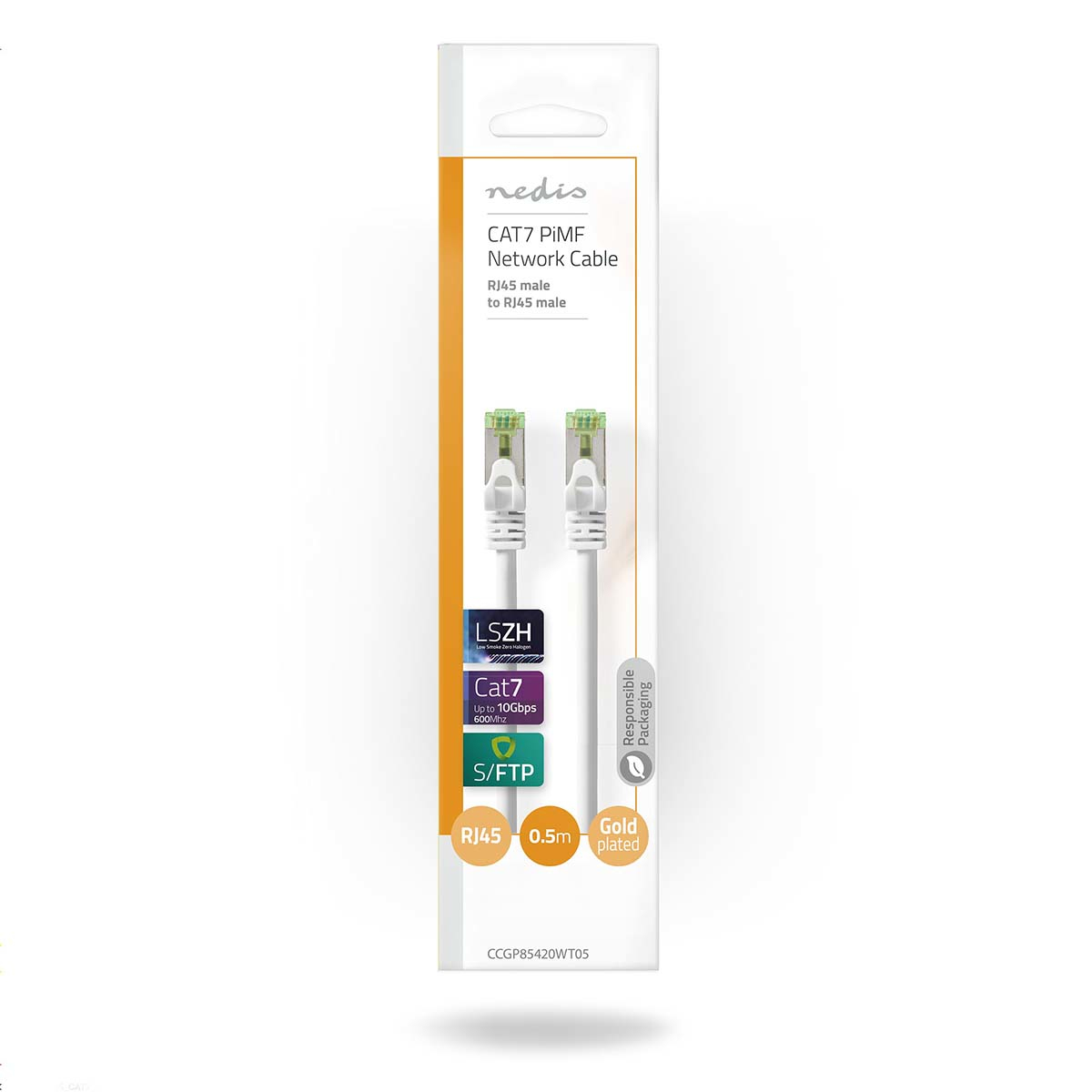Cavo di rete bianco in confezione. Testo: Cavo di rete CAT7 PIMF RJ45 maschio a RJ45 maschio.