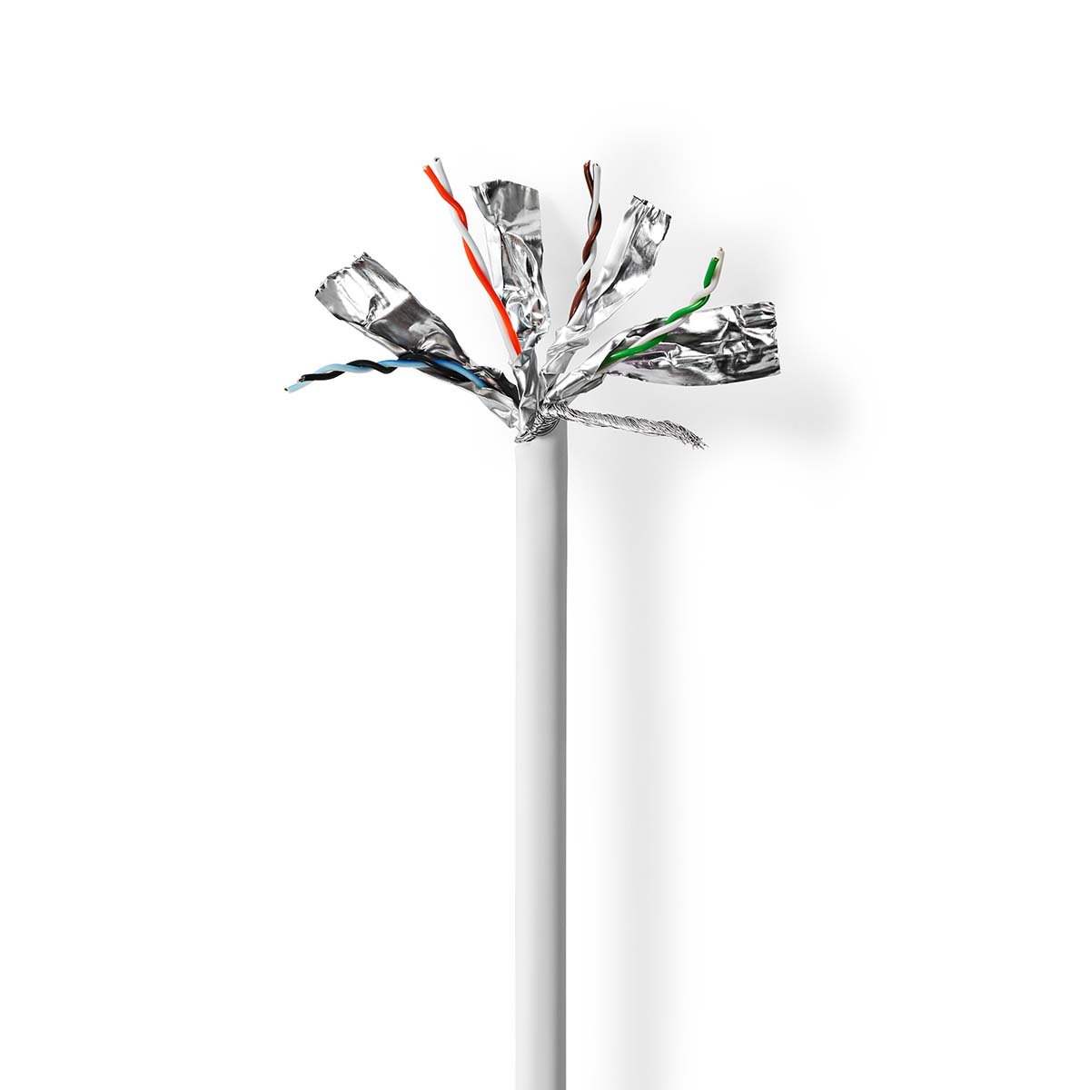 Een witte kabel met blootliggende draden. De draden zijn rood, oranje, groen, blauw en zilver, met een witte achtergrond.