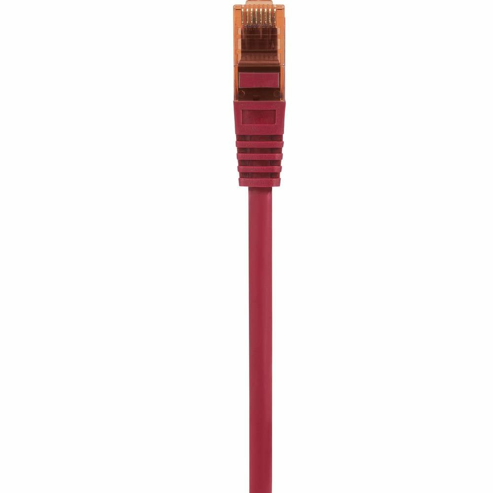 Cavo Ethernet bordeaux, connettore RJ45, sfondo bianco.