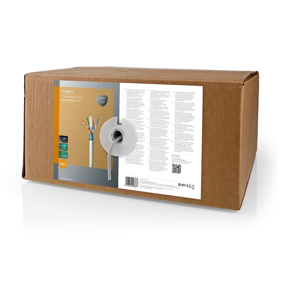 Kartonowe pudełko z kablem sieciowym CAT6. Kabel jest biały i nawinięty na rolkę w środku.