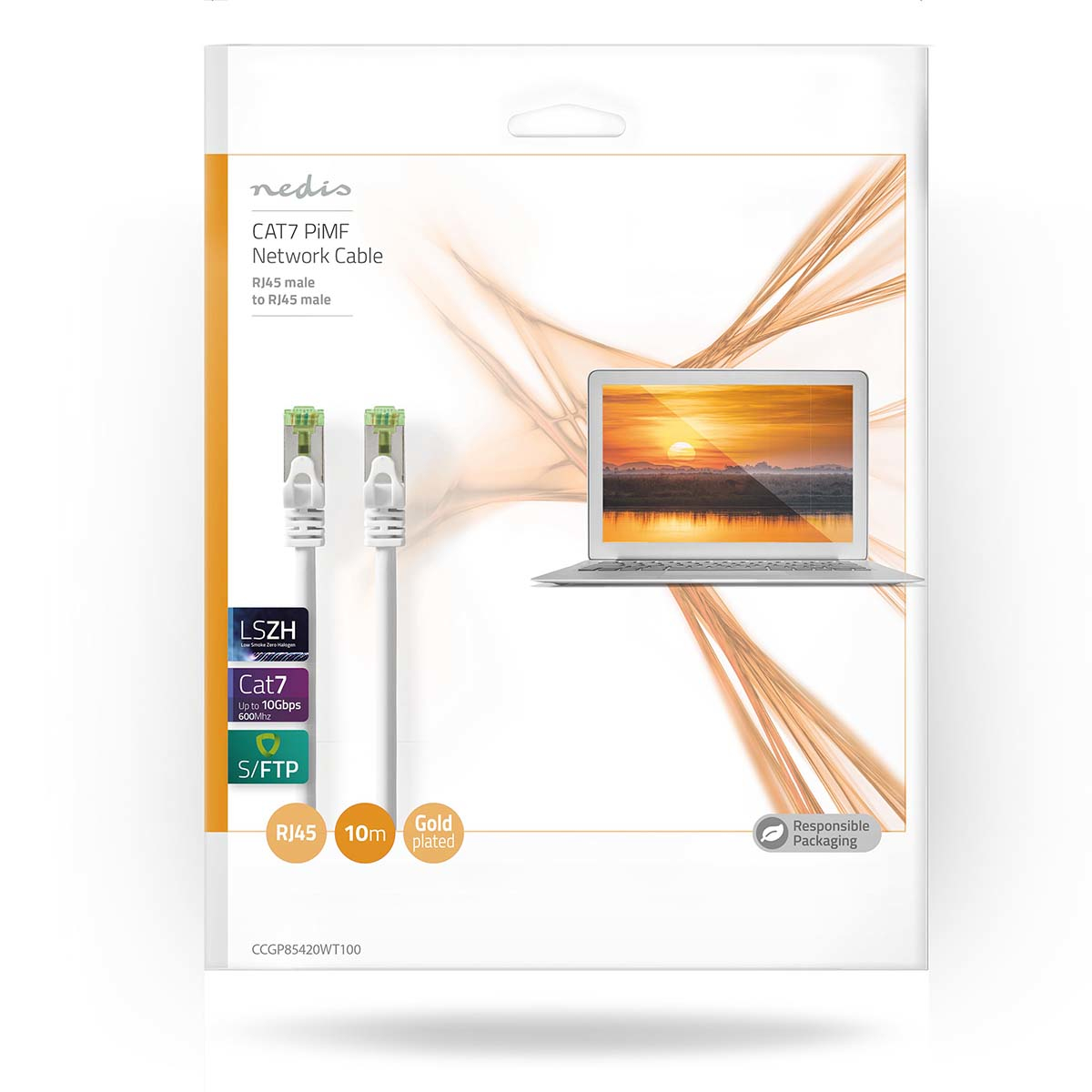 A network cable package. White network cables and laptop illustration on the package.