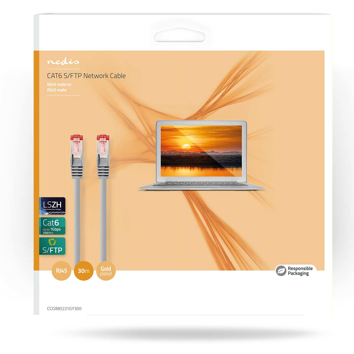 Packaging with a laptop screen and two network cables. Text and icons are present.