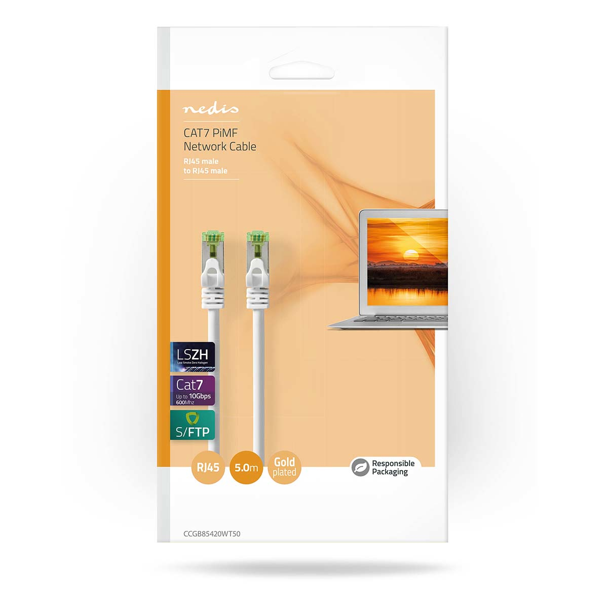 Opakowanie kabla sieciowego. Białe kable sieciowe i ilustracja laptopa na opakowaniu.