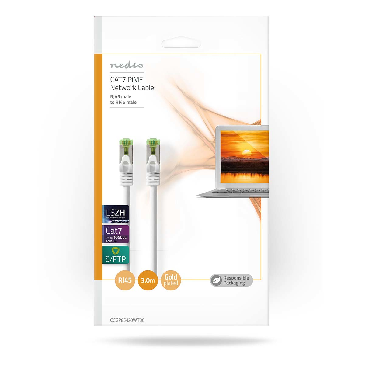 White Nedis CAT7 network cable in packaging. Shows connectors and a laptop graphic.