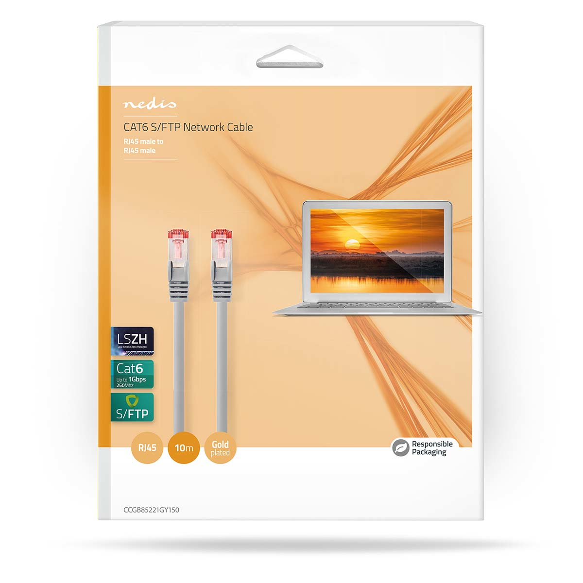 Opakowanie kabla sieciowego: kabel Cat6, złącza RJ45 i obraz laptopa w tle.