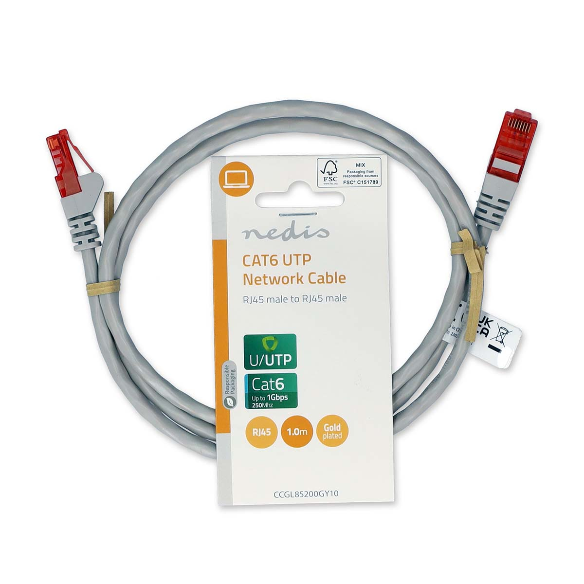 Ein graues Netzwerkkabel mit RJ45-Anschlüssen in einer Verpackung mit Markeninformationen.
