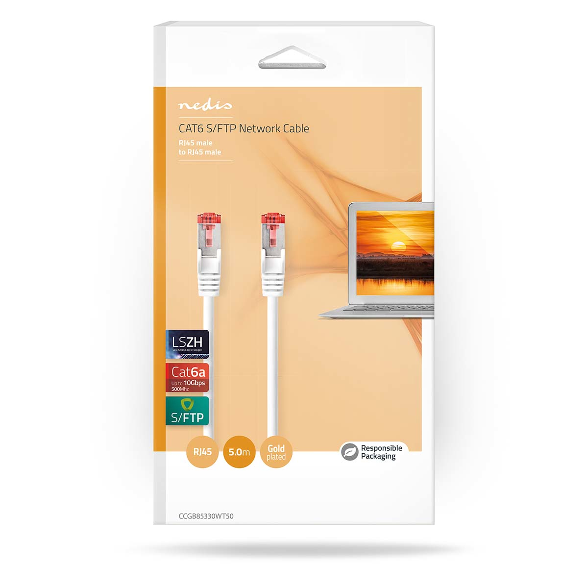 Witte netwerkkabel met rode connectoren in een witte verpakking, met een laptopillustratie.