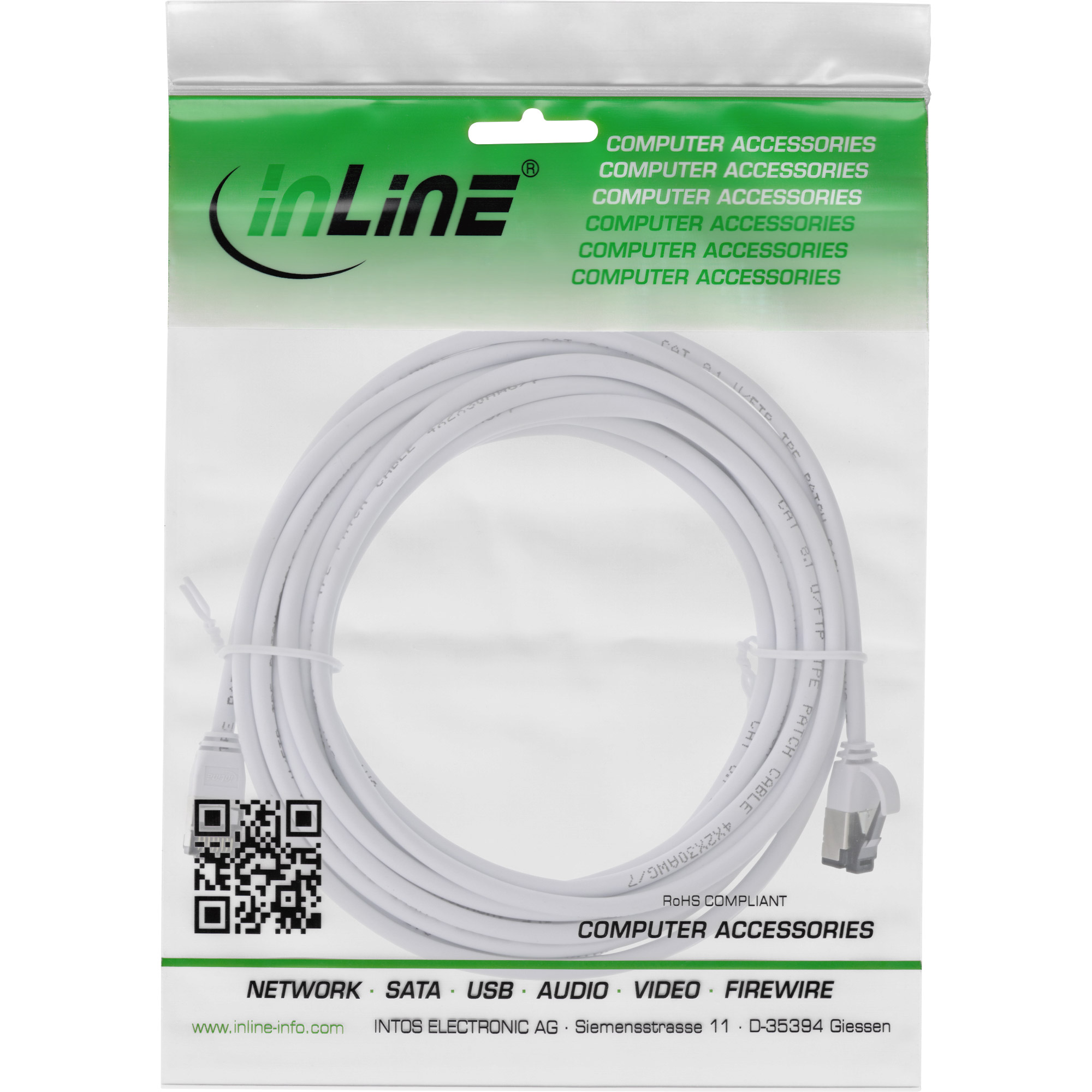 Witte kabel met connectoren in een plastic verpakking met 'inLine' erop.