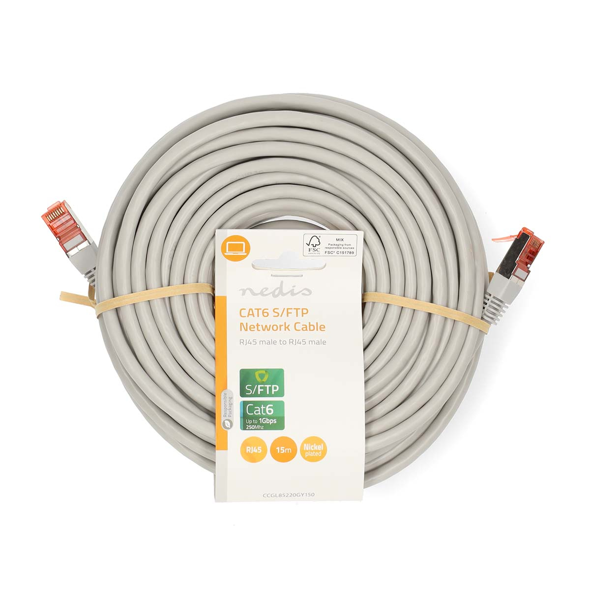 Graues Netzwerkkabel mit Anschlüssen und Verpackung.