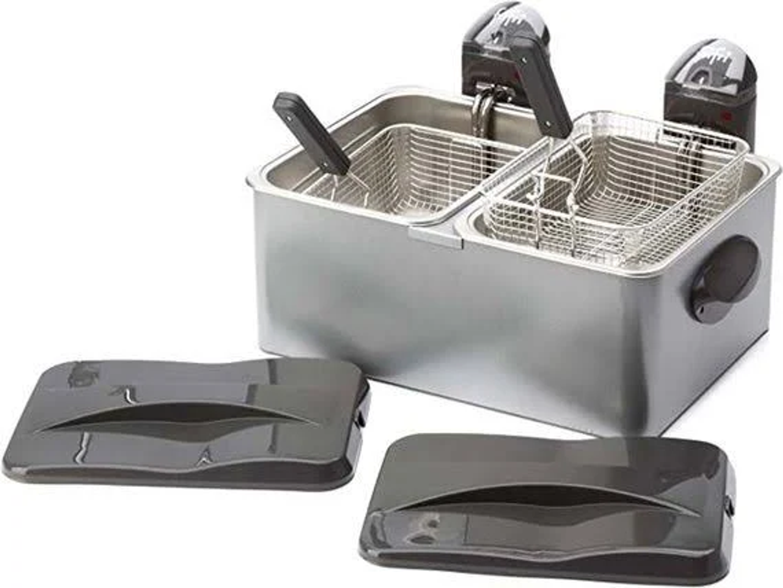 Frytownica ze stali nierdzewnej z dwoma koszami i dwiema czarnymi pokrywami.