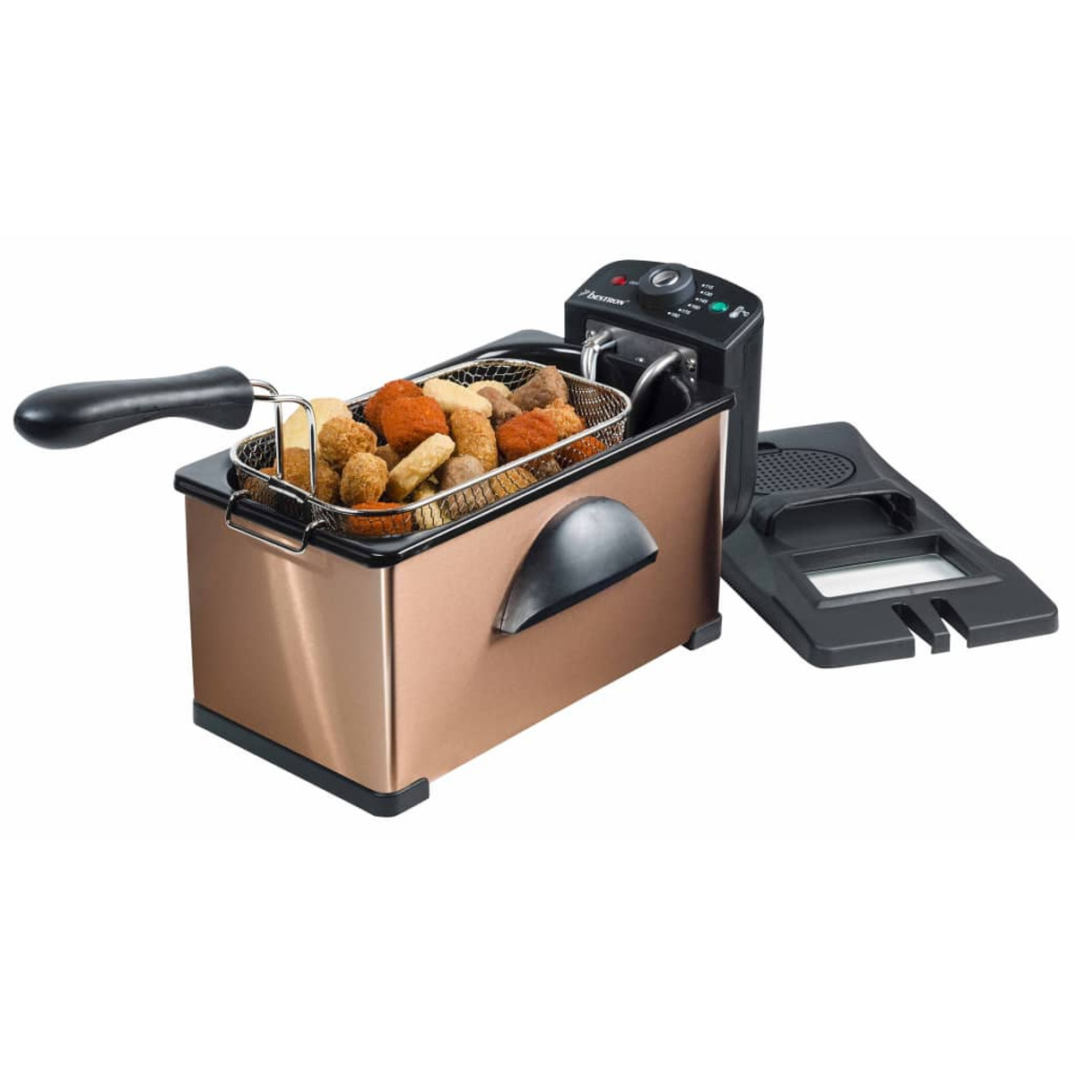 Friggitrice bronzo con un cestello di cibo fritto e un coperchio nero.