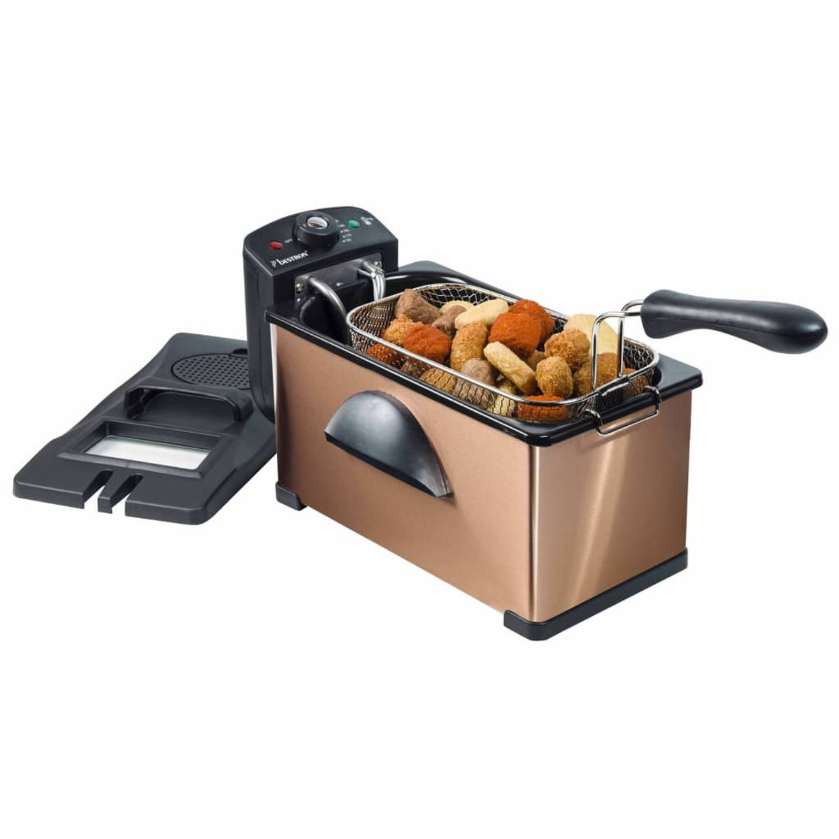 Friggitrice bronzo e nera con un cestello di cibo. Isolato su sfondo bianco.