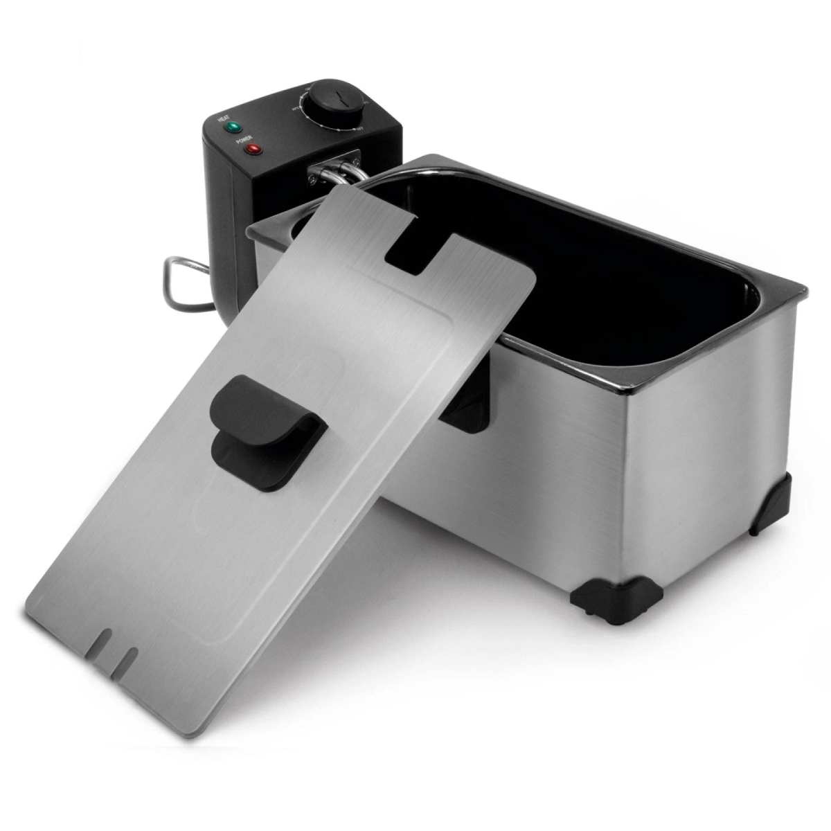 Freidora de acero inoxidable con tapa abierta y caja de control separada, sobre fondo blanco.