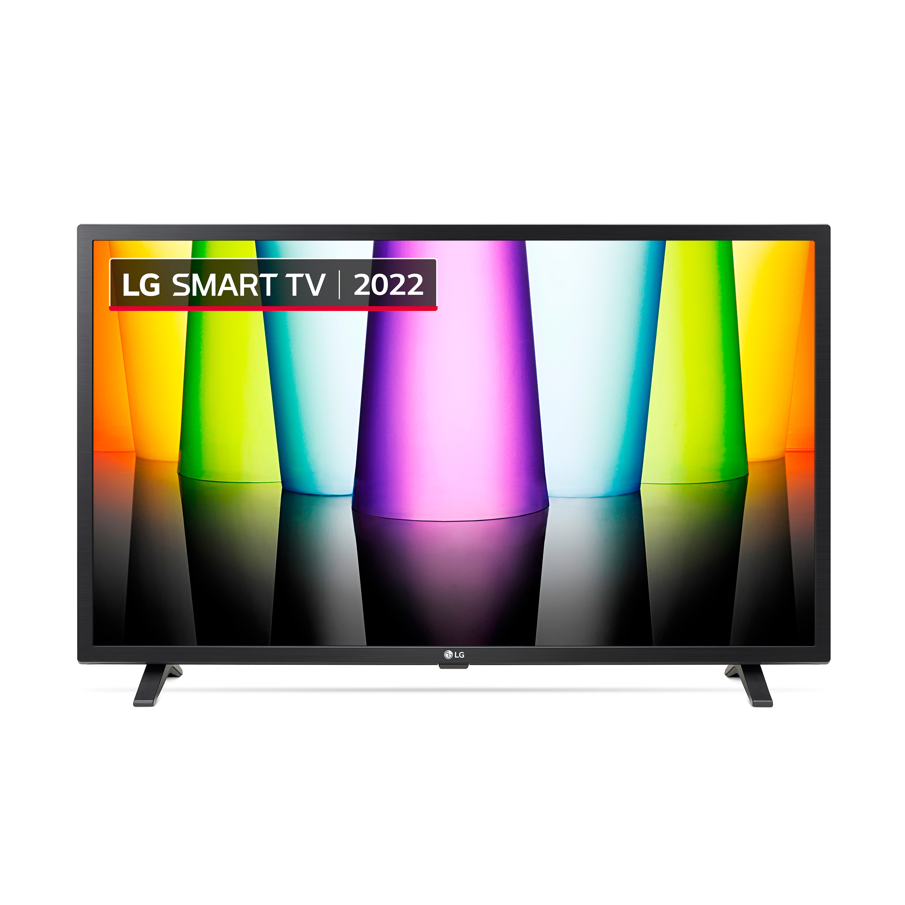 TV nero con sfondo colorato. Lo schermo mostra un design astratto vibrante e il logo LG Smart TV 2022.