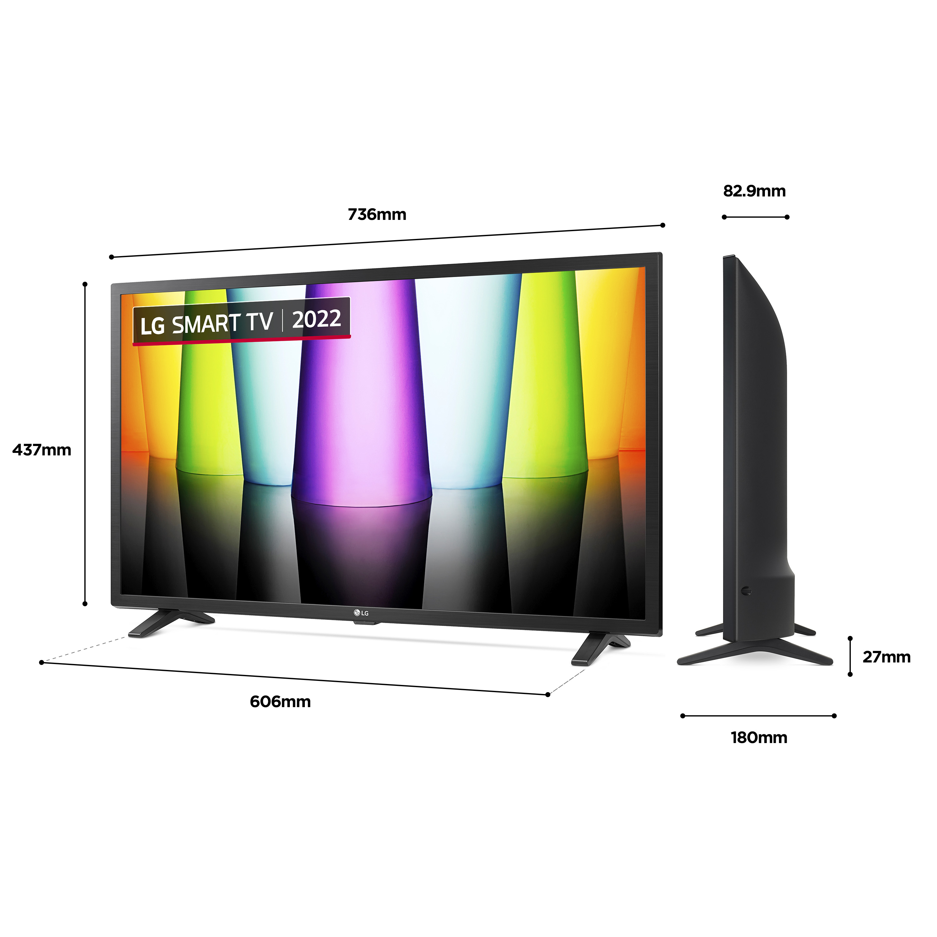 LG Smart TV 2022 con dimensioni e dettagli. Cornice nera, sfondo bianco.